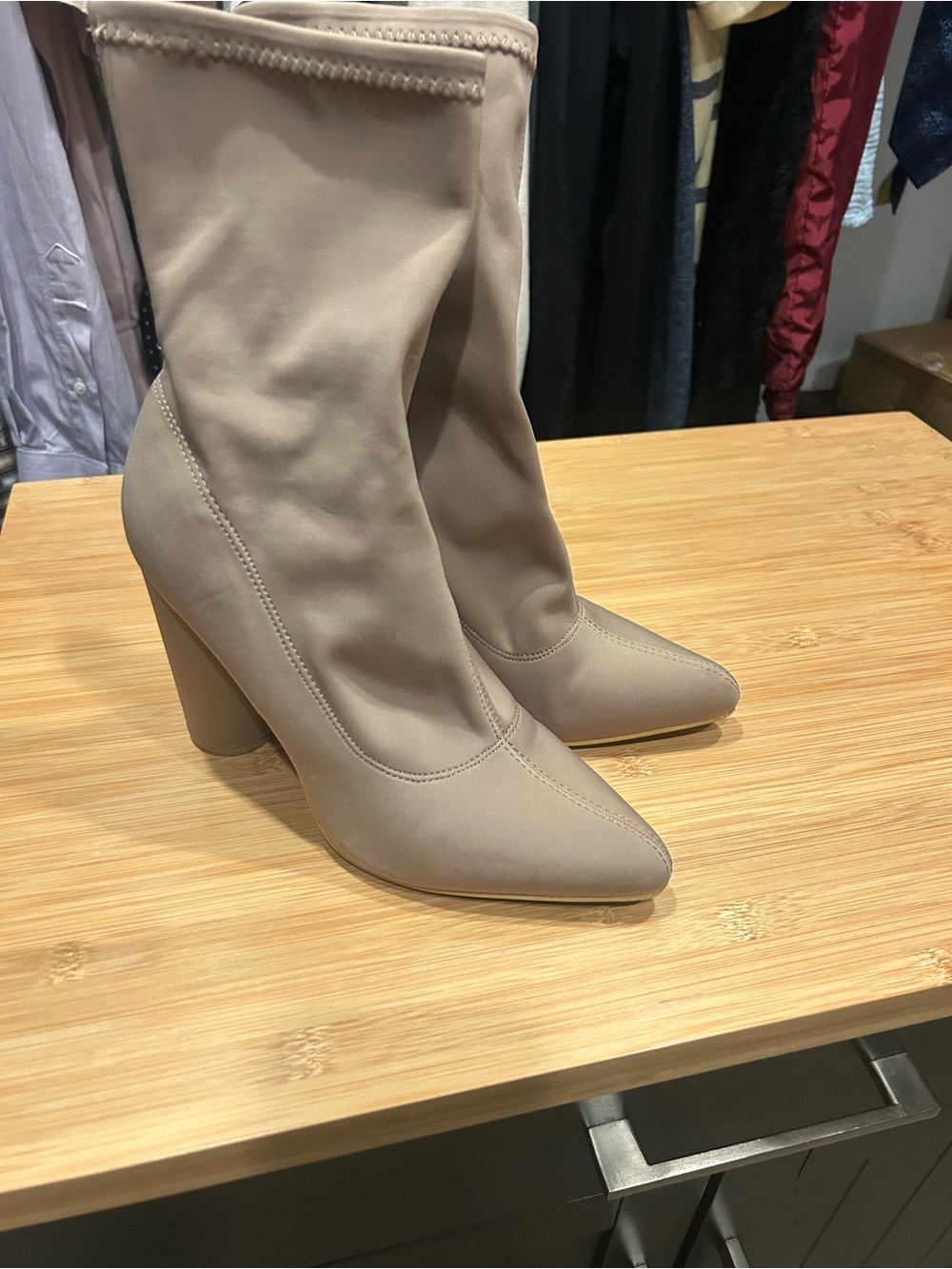 No Doubt Beige Nude Sock Ankle Boots Block Heel Pointed Toe Booties - Picture 4 of 4